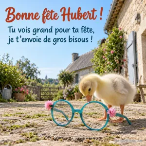 Un oison curieux regarde à travers des lunettes de fête bien trop grandes, avec le message « Bonne fête Hubert ! Tu vois grand pour ta fête, je t’envoie de gros bisous ! ».