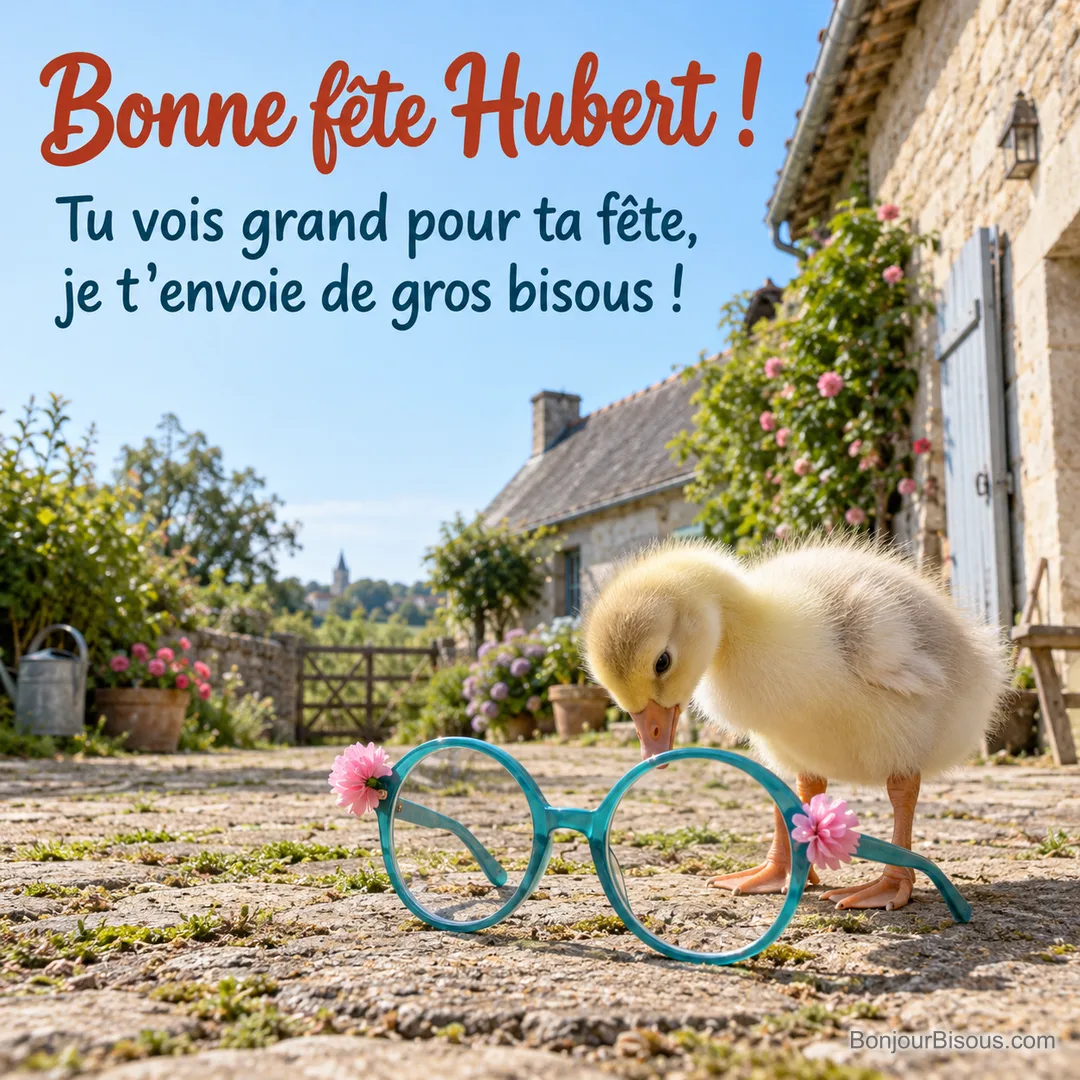 Un oison curieux regarde à travers des lunettes de fête bien trop grandes, avec le message « Bonne fête Hubert ! Tu vois grand pour ta fête, je t’envoie de gros bisous ! ». Un oison curieux regarde à travers des lunettes de fête bien trop grandes, avec le message « Bonne fête Hubert ! Tu vois grand pour ta fête, je t’envoie de gros bisous ! ».