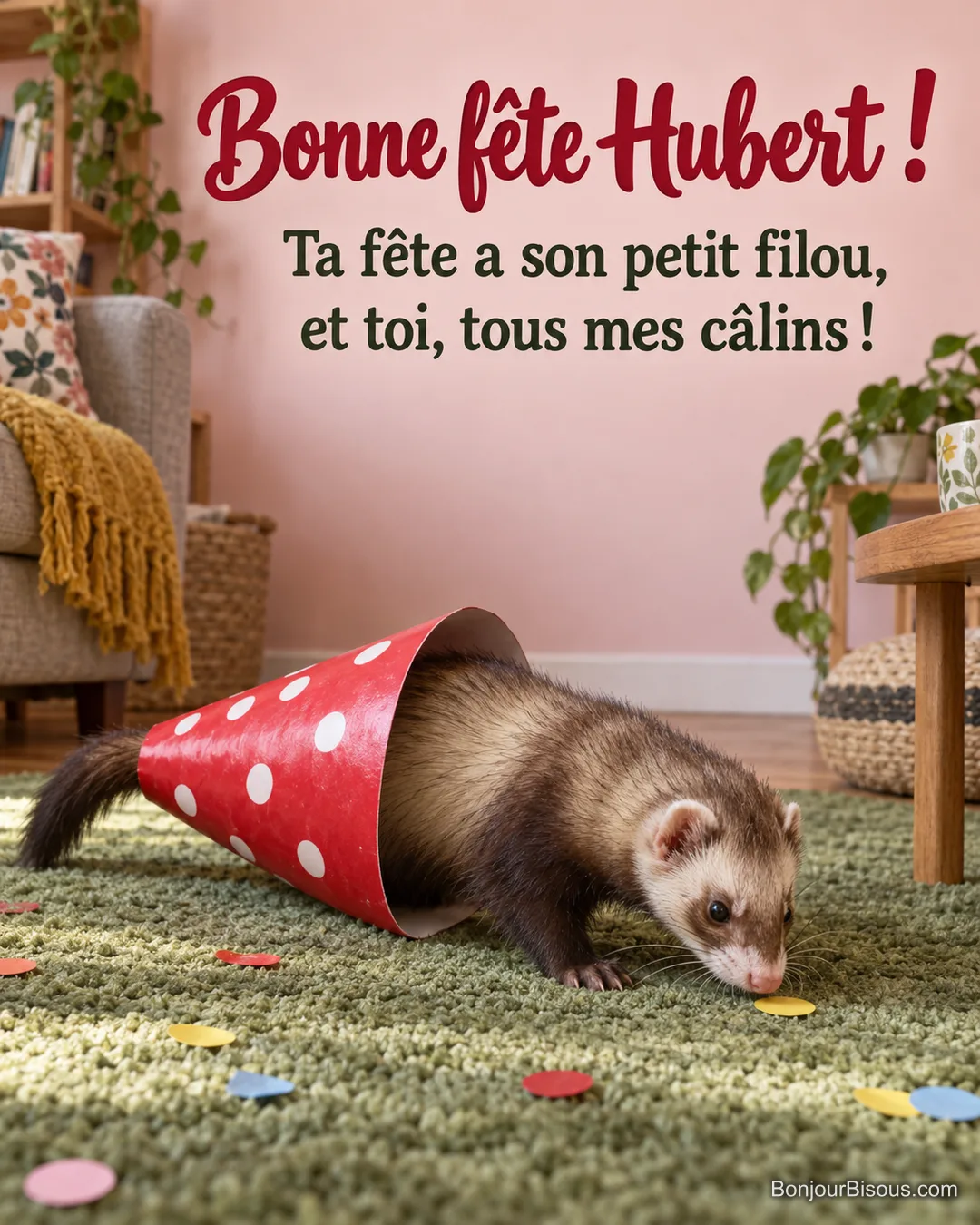 Un furet espiègle joue à se cacher dans un chapeau de fête couché, avec le message « Bonne fête Hubert ! Ta fête a son petit filou, et toi, tous mes câlins ! ». Un furet espiègle joue à se cacher dans un chapeau de fête couché, avec le message « Bonne fête Hubert ! Ta fête a son petit filou, et toi, tous mes câlins ! ».