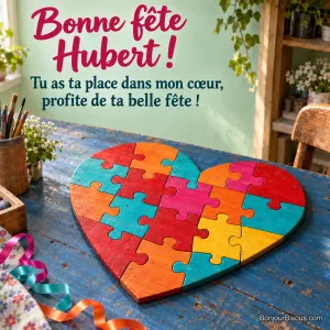 Un puzzle multicolore entièrement assemblé forme un grand cœur sur une table bleue, avec le message « Bonne fête Hubert ! Tu as ta place dans mon cœur, profite de ta belle fête ! ».