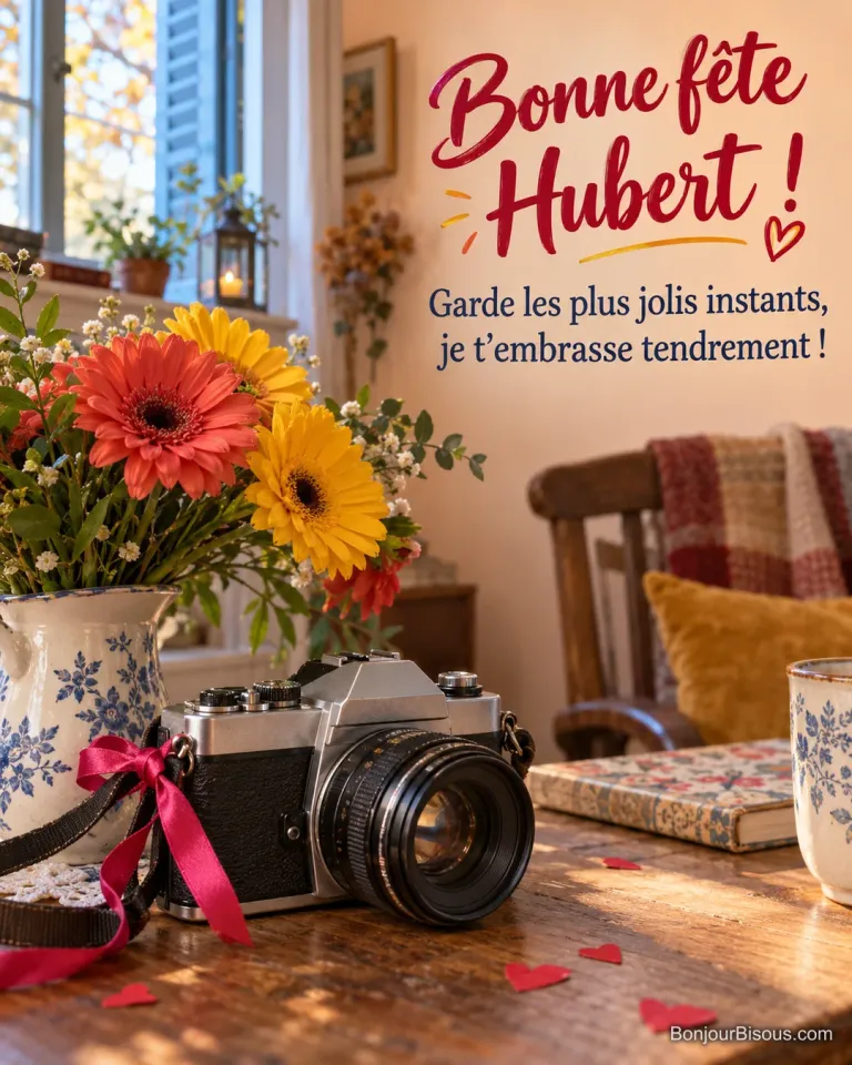 Un appareil photo sans marque et des gerberas de fleuriste évoquent les beaux souvenirs, avec le message « Bonne fête Hubert ! Garde les plus jolis instants, je t’embrasse tendrement ! ».