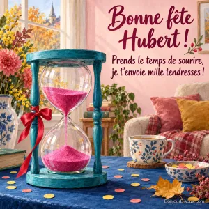 Un sablier turquoise laisse couler du sable rose parmi des confettis colorés, avec le message « Bonne fête Hubert ! Prends le temps de sourire, je t’envoie mille tendresses ! ».