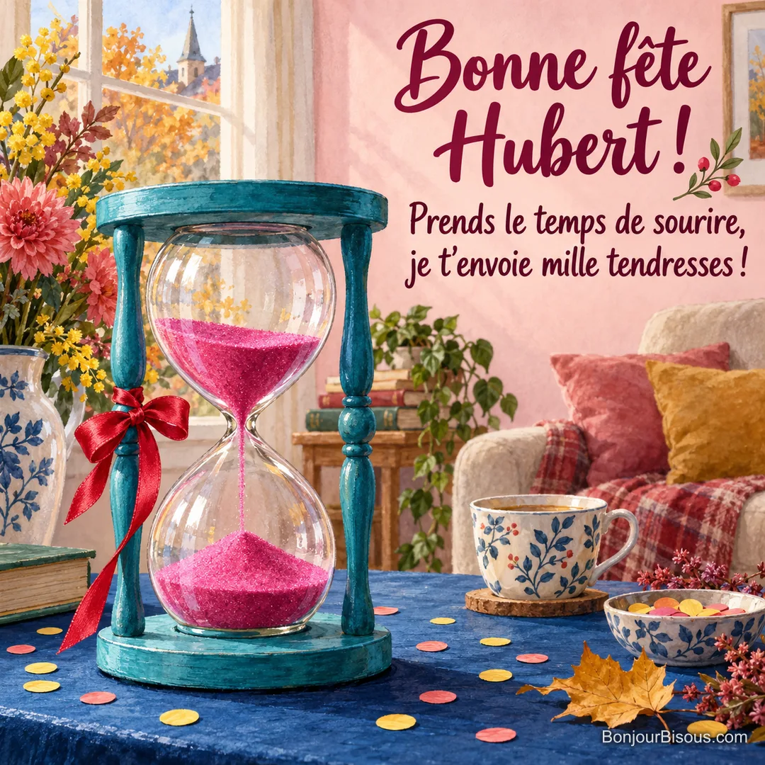 Un sablier turquoise laisse couler du sable rose parmi des confettis colorés, avec le message « Bonne fête Hubert ! Prends le temps de sourire, je t’envoie mille tendresses ! ». Un sablier turquoise laisse couler du sable rose parmi des confettis colorés, avec le message « Bonne fête Hubert ! Prends le temps de sourire, je t’envoie mille tendresses ! ».