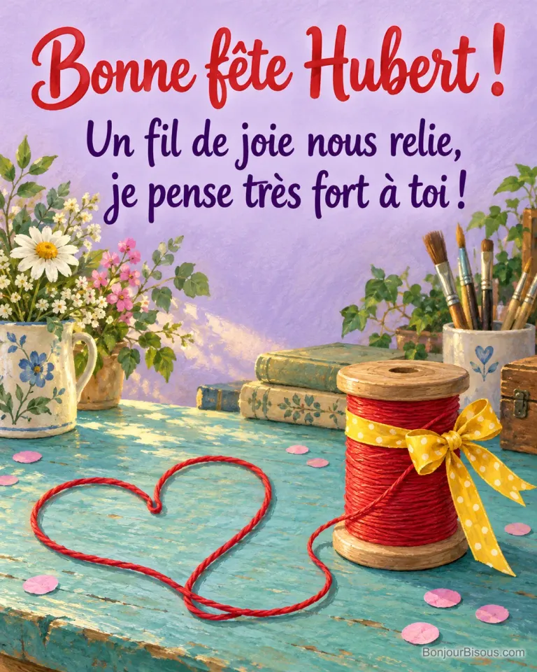 Une bobine rouge déroule un fil en forme de cœur sur une table turquoise, avec le message « Bonne fête Hubert ! Un fil de joie nous relie, je pense très fort à toi ! ».