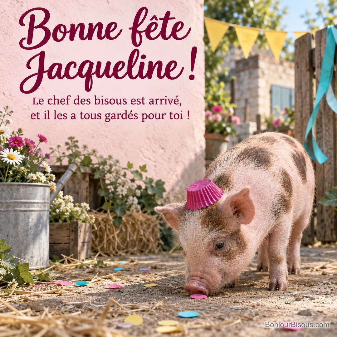 Un petit cochon coiffé d’une caissette à cupcake en papier renifle un confetti dans une ferme décorée. Le message est : « Bonne fête Jacqueline ! Le chef des bisous est arrivé, et il les a tous gardés pour toi ! ». Un petit cochon coiffé d’une caissette à cupcake en papier renifle un confetti dans une ferme décorée. Le message est : « Bonne fête Jacqueline ! Le chef des bisous est arrivé, et il les a tous gardés pour toi ! ».