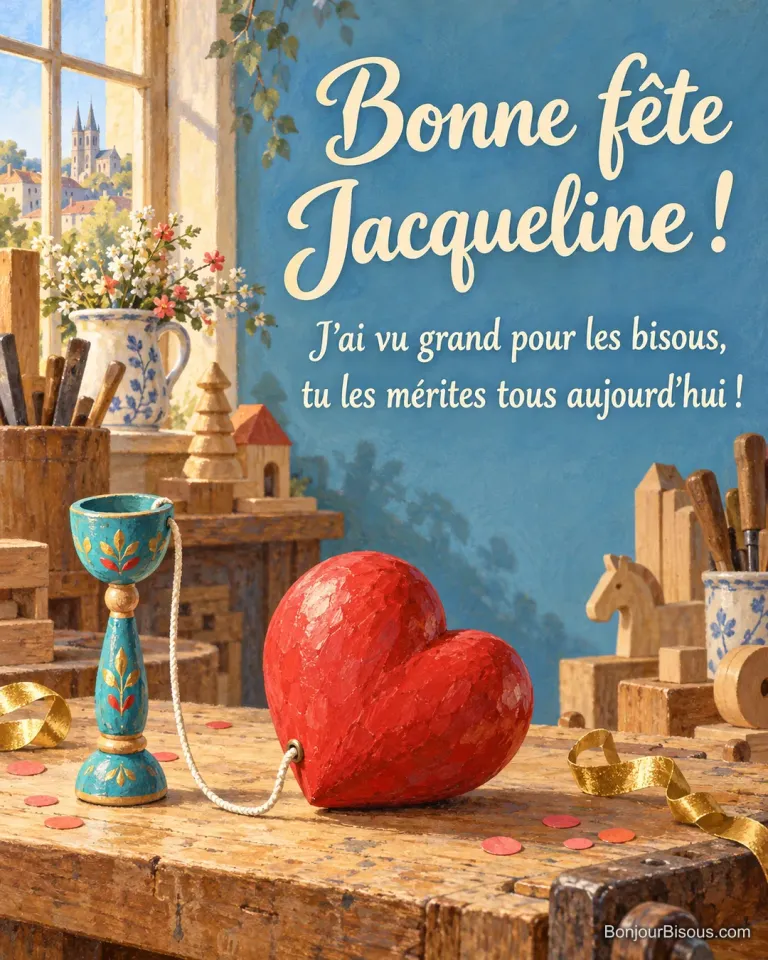 Un bilboquet turquoise attend une énorme boule en forme de cœur rouge trop grande pour sa coupelle. Le message est : « Bonne fête Jacqueline ! J’ai vu grand pour les bisous, tu les mérites tous aujourd’hui ! ».