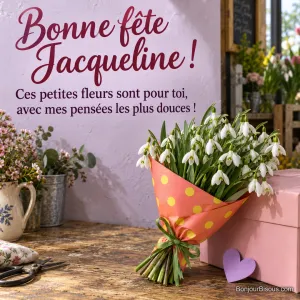 Des perce-neige blancs sont offerts dans un cornet de papier corail à pois jaunes. Le message est : « Bonne fête Jacqueline ! Ces petites fleurs sont pour toi, avec mes pensées les plus douces ! ».