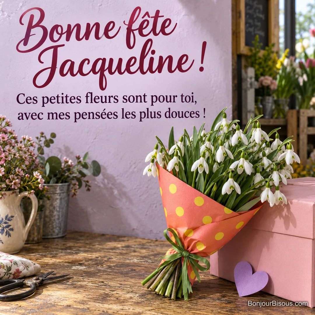 Des perce-neige blancs sont offerts dans un cornet de papier corail à pois jaunes. Le message est : « Bonne fête Jacqueline ! Ces petites fleurs sont pour toi, avec mes pensées les plus douces ! ».