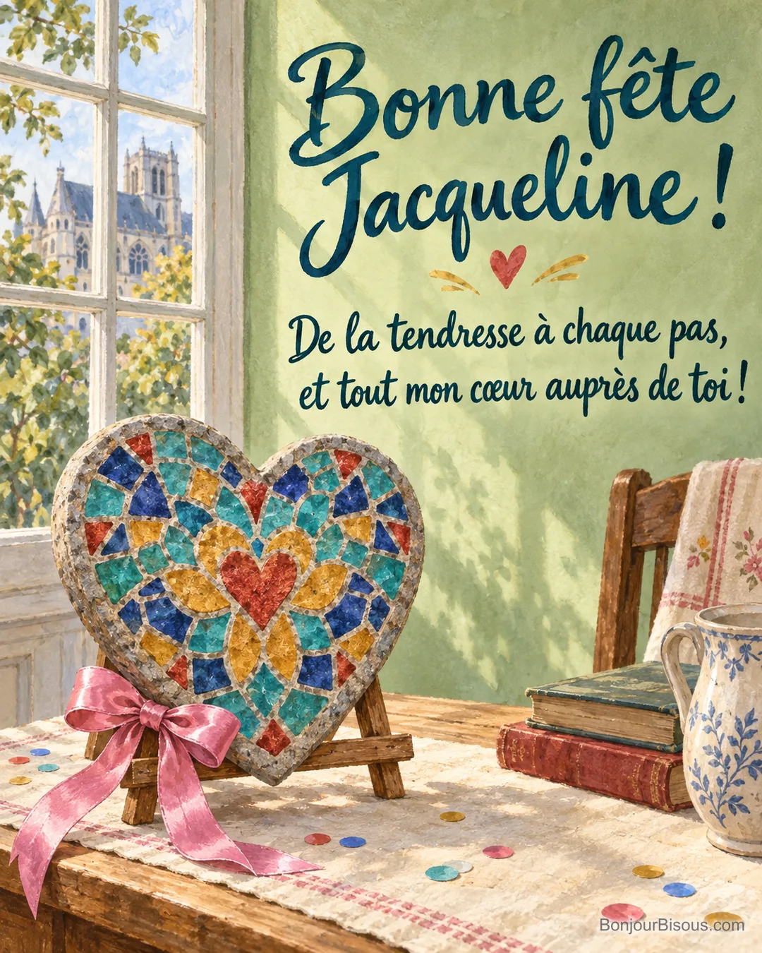 Un pas japonais en forme de cœur, couvert de mosaïque colorée, est présenté comme un cadeau. Le message est : « Bonne fête Jacqueline ! De la tendresse à chaque pas, et tout mon cœur auprès de toi ! ».