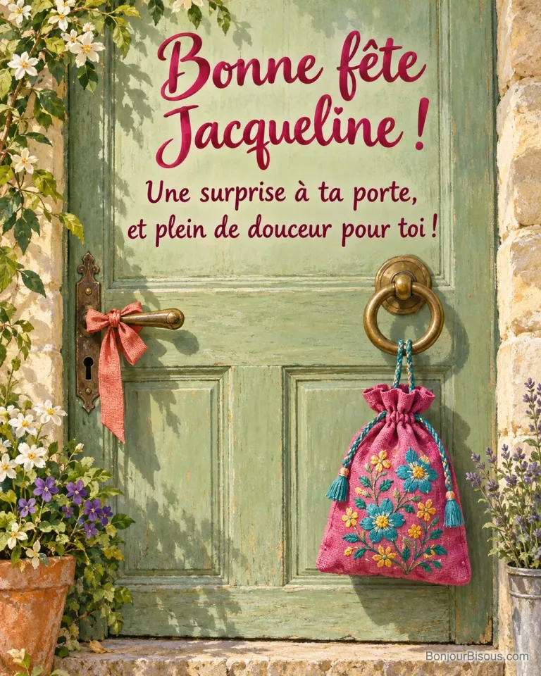 Une pochette cadeau en lin fuchsia brodée de fleurs est suspendue à un heurtoir en laiton. Le message est : « Bonne fête Jacqueline ! Une surprise à ta porte, et plein de douceur pour toi ! ».