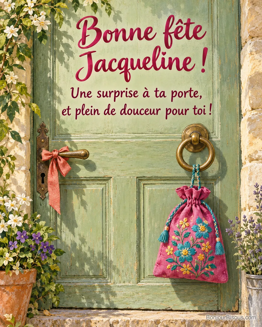Une pochette cadeau en lin fuchsia brodée de fleurs est suspendue à un heurtoir en laiton. Le message est : « Bonne fête Jacqueline ! Une surprise à ta porte, et plein de douceur pour toi ! ».