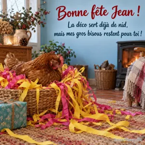 Une poule rousse a transformé les franges de papier cadeau d’une corbeille en nid de fête, avec le message « Bonne fête Jean ! La déco sert déjà de nid, mais mes gros bisous restent pour toi ! ».