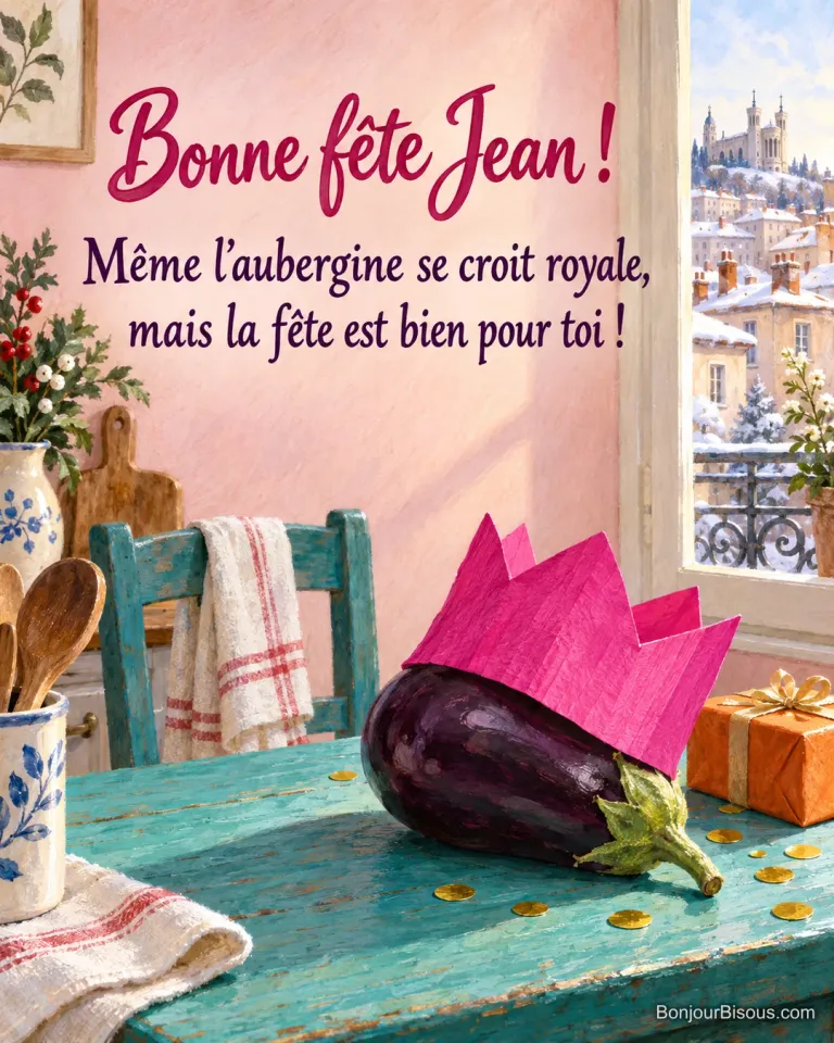 Une aubergine violette paraît minuscule sous une couronne de papier fuchsia beaucoup trop grande, avec le message « Bonne fête Jean ! Même l’aubergine se croit royale, mais la fête est bien pour toi ! ».