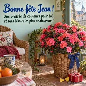 Une azalée corail et rose illumine un cache-pot en osier habillé d’un grand nœud bleu, avec le message « Bonne fête Jean ! Une brassée de couleurs pour toi, et mes bisous les plus chaleureux ! ».