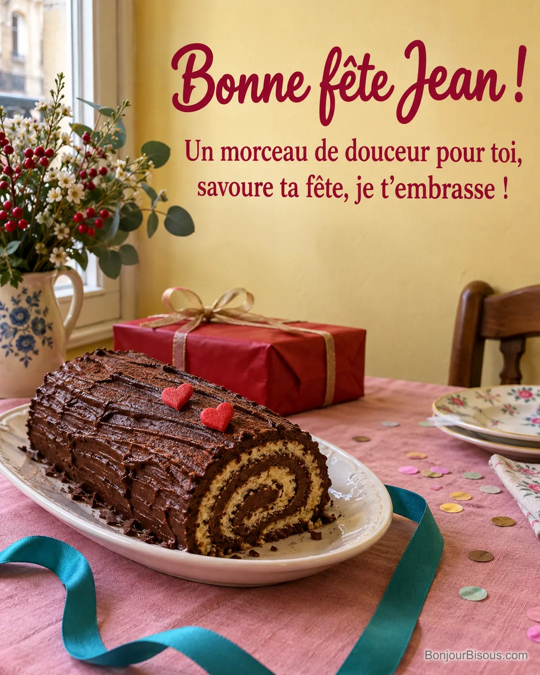 Une bûche au chocolat décorée de deux petits cœurs rouges attend près d’un ruban turquoise, avec le message « Bonne fête Jean ! Un morceau de douceur pour toi, savoure ta fête, je t’embrasse ! ».