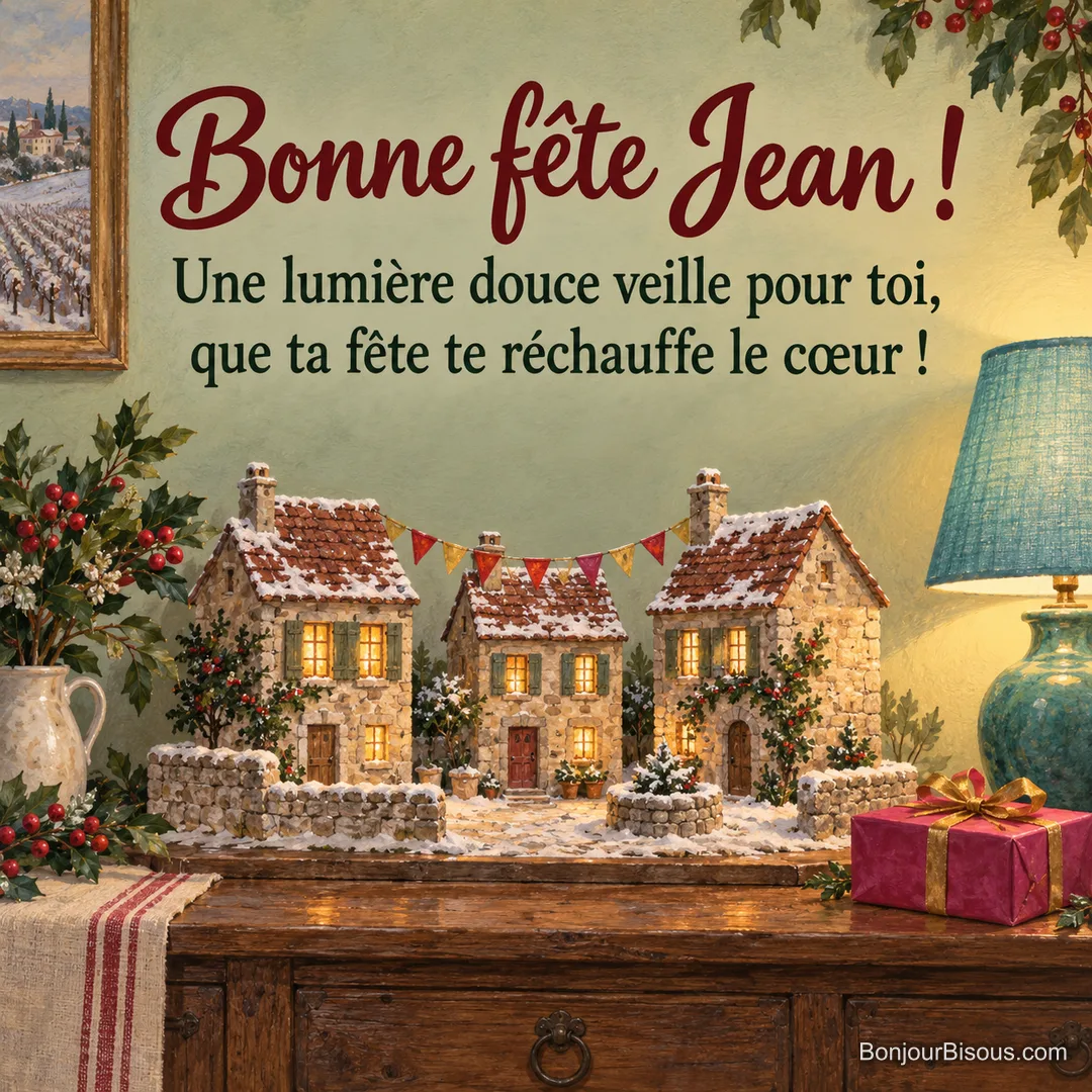 Un village bourguignon miniature enneigé s’illumine près d’une lampe turquoise et d’un cadeau rose, avec le message « Bonne fête Jean ! Une lumière douce veille pour toi, que ta fête te réchauffe le cœur ! ».