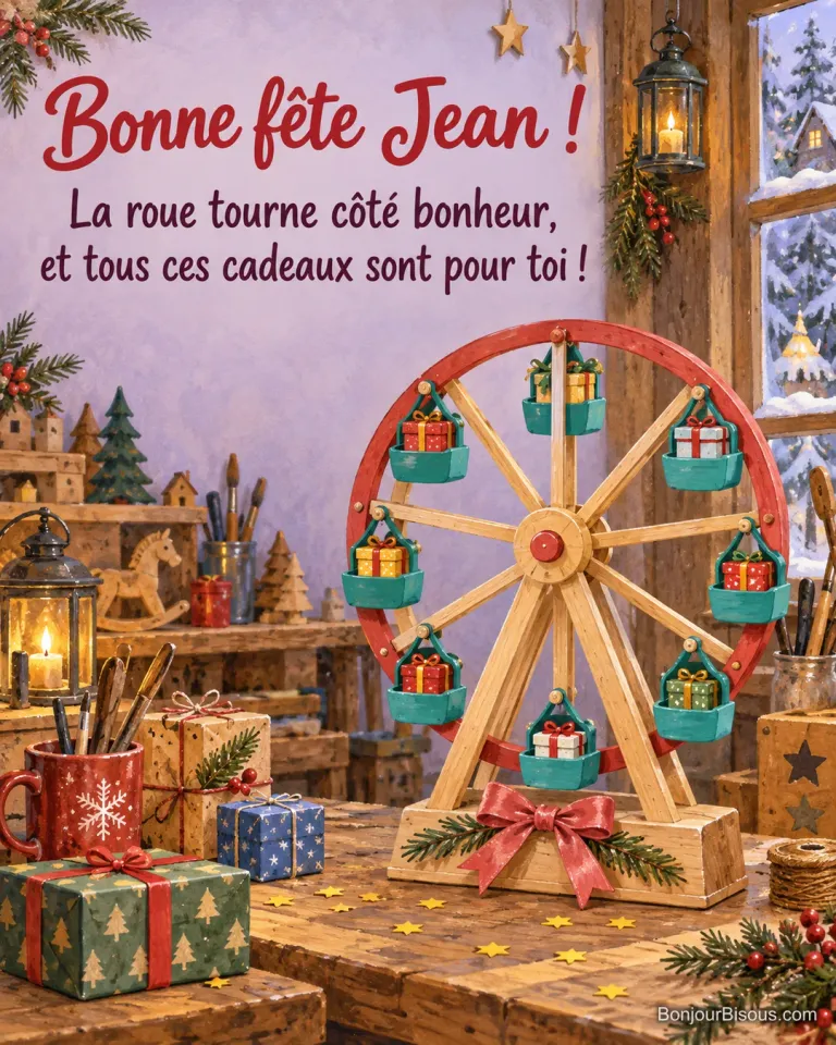 Une grande roue miniature en bois porte des petits cadeaux colorés dans ses nacelles turquoise, avec le message « Bonne fête Jean ! La roue tourne côté bonheur, et tous ces cadeaux sont pour toi ! ».