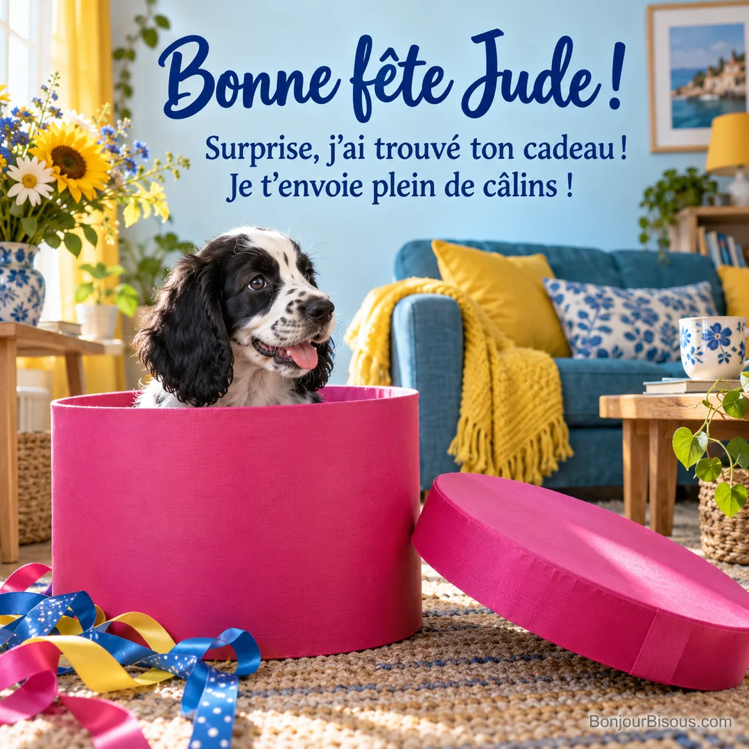 Un chiot noir et blanc sort la tête d’une immense boîte à chapeau rose ouverte parmi les rubans. Le message indique : « Bonne fête Jude ! Surprise, j’ai trouvé ton cadeau ! Je t’envoie plein de câlins ! » Un chiot noir et blanc sort la tête d’une immense boîte à chapeau rose ouverte parmi les rubans. Le message indique : « Bonne fête Jude ! Surprise, j’ai trouvé ton cadeau ! Je t’envoie plein de câlins ! »