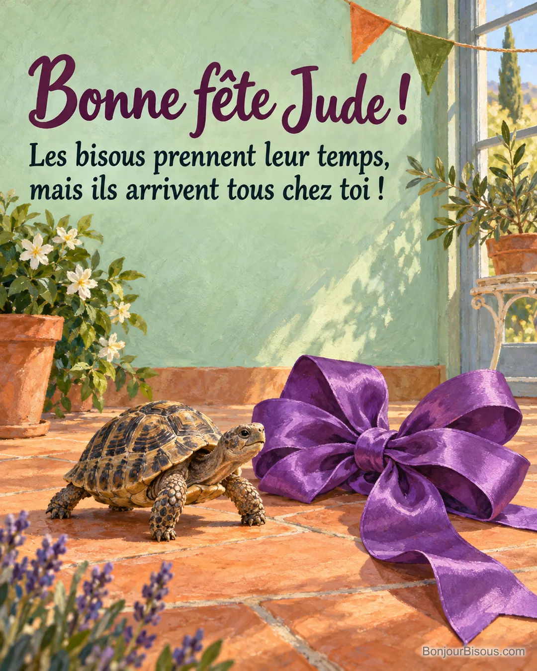 Une petite tortue avance à côté d’un énorme nœud de satin violet posé sur un carrelage en terre cuite. Le message indique : « Bonne fête Jude ! Les bisous prennent leur temps, mais ils arrivent tous chez toi ! » Une petite tortue avance à côté d’un énorme nœud de satin violet posé sur un carrelage en terre cuite. Le message indique : « Bonne fête Jude ! Les bisous prennent leur temps, mais ils arrivent tous chez toi ! »
