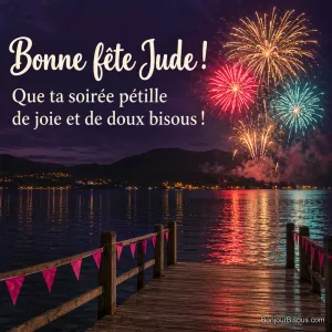 Des feux d’artifice rouges, dorés et turquoise illuminent un ponton vide au bord d’un lac. Le message indique : « Bonne fête Jude ! Que ta soirée pétille de joie et de doux bisous ! »