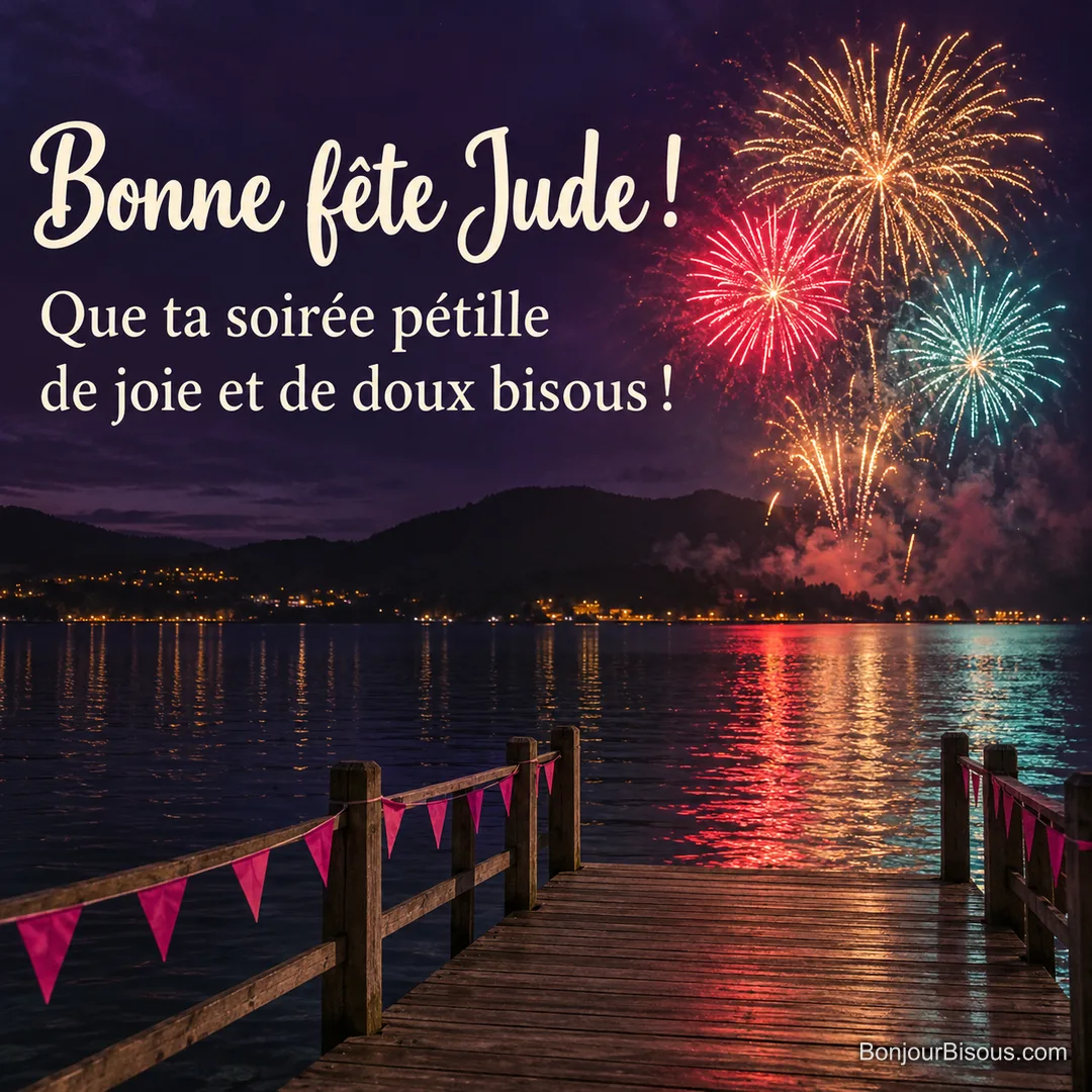 Des feux d’artifice rouges, dorés et turquoise illuminent un ponton vide au bord d’un lac. Le message indique : « Bonne fête Jude ! Que ta soirée pétille de joie et de doux bisous ! » Des feux d’artifice rouges, dorés et turquoise illuminent un ponton vide au bord d’un lac. Le message indique : « Bonne fête Jude ! Que ta soirée pétille de joie et de doux bisous ! »