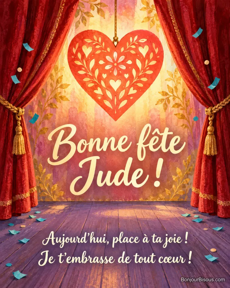 Un rideau de velours rouge révèle un grand cœur de papier lumineux sur une petite scène. Le message indique : « Bonne fête Jude ! Aujourd’hui, place à ta joie ! Je t’embrasse de tout cœur ! »