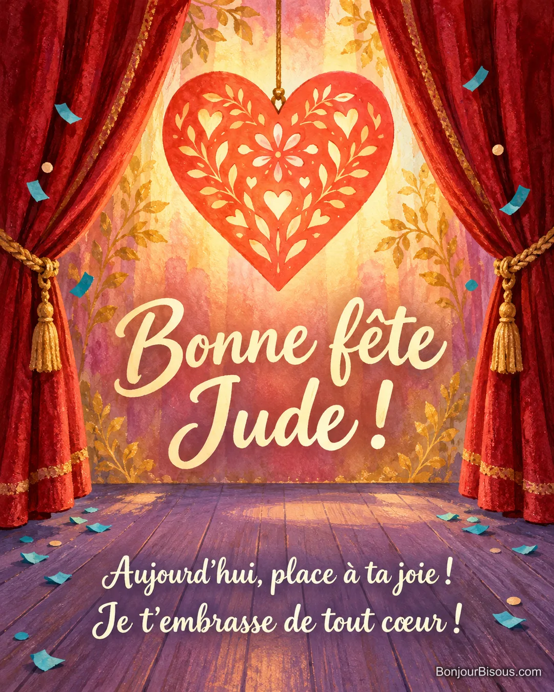 Un rideau de velours rouge révèle un grand cœur de papier lumineux sur une petite scène. Le message indique : « Bonne fête Jude ! Aujourd’hui, place à ta joie ! Je t’embrasse de tout cœur ! » Un rideau de velours rouge révèle un grand cœur de papier lumineux sur une petite scène. Le message indique : « Bonne fête Jude ! Aujourd’hui, place à ta joie ! Je t’embrasse de tout cœur ! »