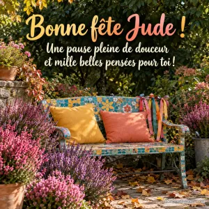 Un banc de mosaïque colorée décoré de rubans accueille deux coussins près de bruyères d’automne. Le message indique : « Bonne fête Jude ! Une pause pleine de douceur et mille belles pensées pour toi ! »