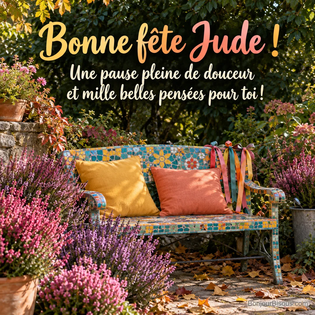 Un banc de mosaïque colorée décoré de rubans accueille deux coussins près de bruyères d’automne. Le message indique : « Bonne fête Jude ! Une pause pleine de douceur et mille belles pensées pour toi ! » Un banc de mosaïque colorée décoré de rubans accueille deux coussins près de bruyères d’automne. Le message indique : « Bonne fête Jude ! Une pause pleine de douceur et mille belles pensées pour toi ! »