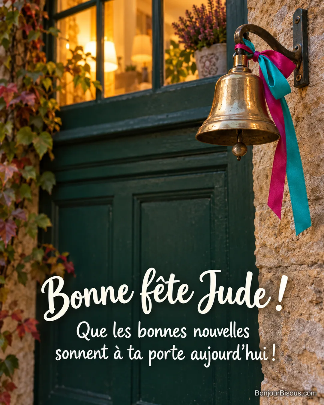 Une cloche de laiton ornée de rubans colorés accueille le soir devant une porte de village éclairée. Le message indique : « Bonne fête Jude ! Que les bonnes nouvelles sonnent à ta porte aujourd’hui ! » Une cloche de laiton ornée de rubans colorés accueille le soir devant une porte de village éclairée. Le message indique : « Bonne fête Jude ! Que les bonnes nouvelles sonnent à ta porte aujourd’hui ! »