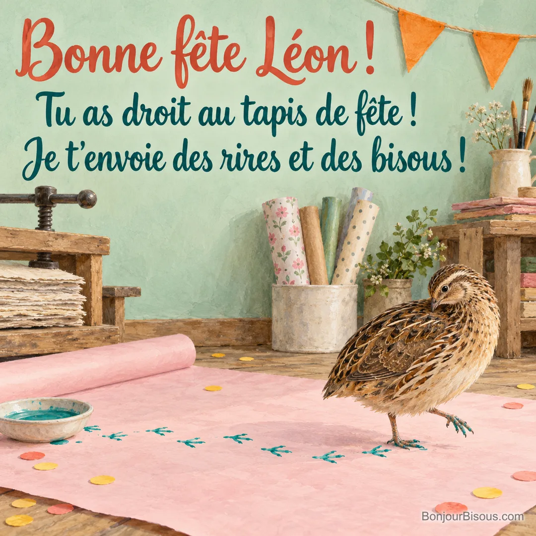 Une caille laisse de petites empreintes turquoise sur un papier cadeau rose, improvisant une décoration de fête. La carte porte le message « Bonne fête Léon ! Tu as droit au tapis de fête ! Je t’envoie des rires et des bisous ! ». Une caille laisse de petites empreintes turquoise sur un papier cadeau rose, improvisant une décoration de fête. La carte porte le message « Bonne fête Léon ! Tu as droit au tapis de fête ! Je t’envoie des rires et des bisous ! ».
