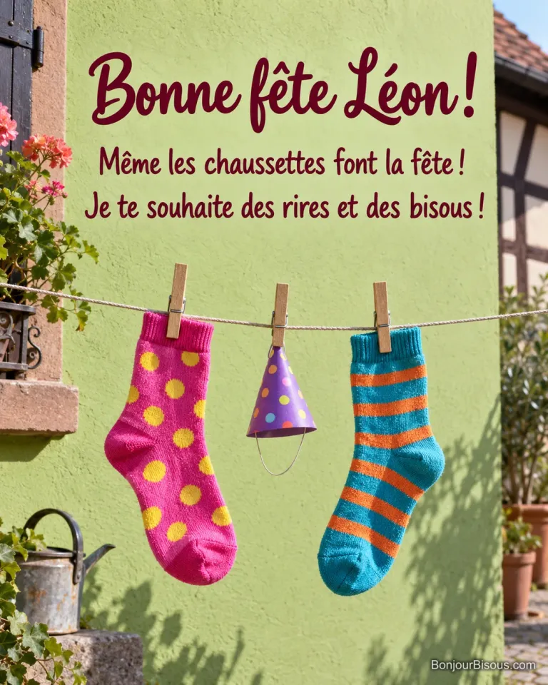 Deux chaussettes dépareillées et un petit chapeau de fête sèchent ensemble sur une corde dans une cour, avec le message « Bonne fête Léon ! Même les chaussettes font la fête ! Je te souhaite des rires et des bisous ! ».