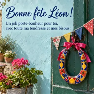 Un fer à cheval en métal émaillé corail, cobalt et jaune est offert avec un ruban fuchsia sur une porte verte, avec le message « Bonne fête Léon ! Un joli porte-bonheur pour toi, avec toute ma tendresse et mes bisous ! ».