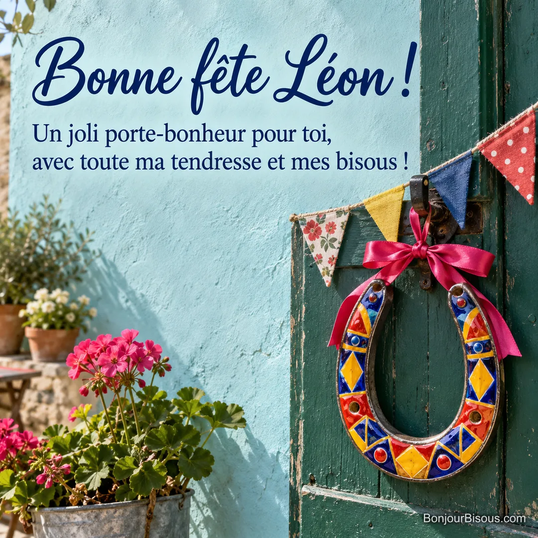 Un fer à cheval en métal émaillé corail, cobalt et jaune est offert avec un ruban fuchsia sur une porte verte, avec le message « Bonne fête Léon ! Un joli porte-bonheur pour toi, avec toute ma tendresse et mes bisous ! ». Un fer à cheval en métal émaillé corail, cobalt et jaune est offert avec un ruban fuchsia sur une porte verte, avec le message « Bonne fête Léon ! Un joli porte-bonheur pour toi, avec toute ma tendresse et mes bisous ! ».