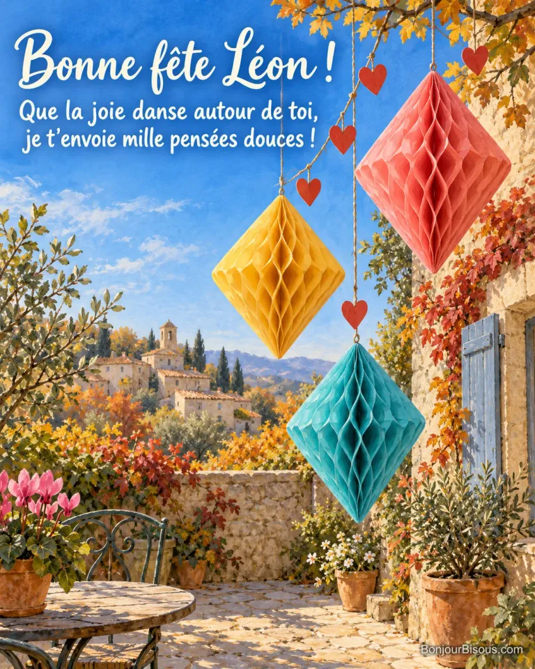 Trois losanges corail, jaune et turquoise en papier alvéolé se balancent avec une guirlande de cœurs dans une cour, avec le message « Bonne fête Léon ! Que la joie danse autour de toi, je t’envoie mille pensées douces ! ».