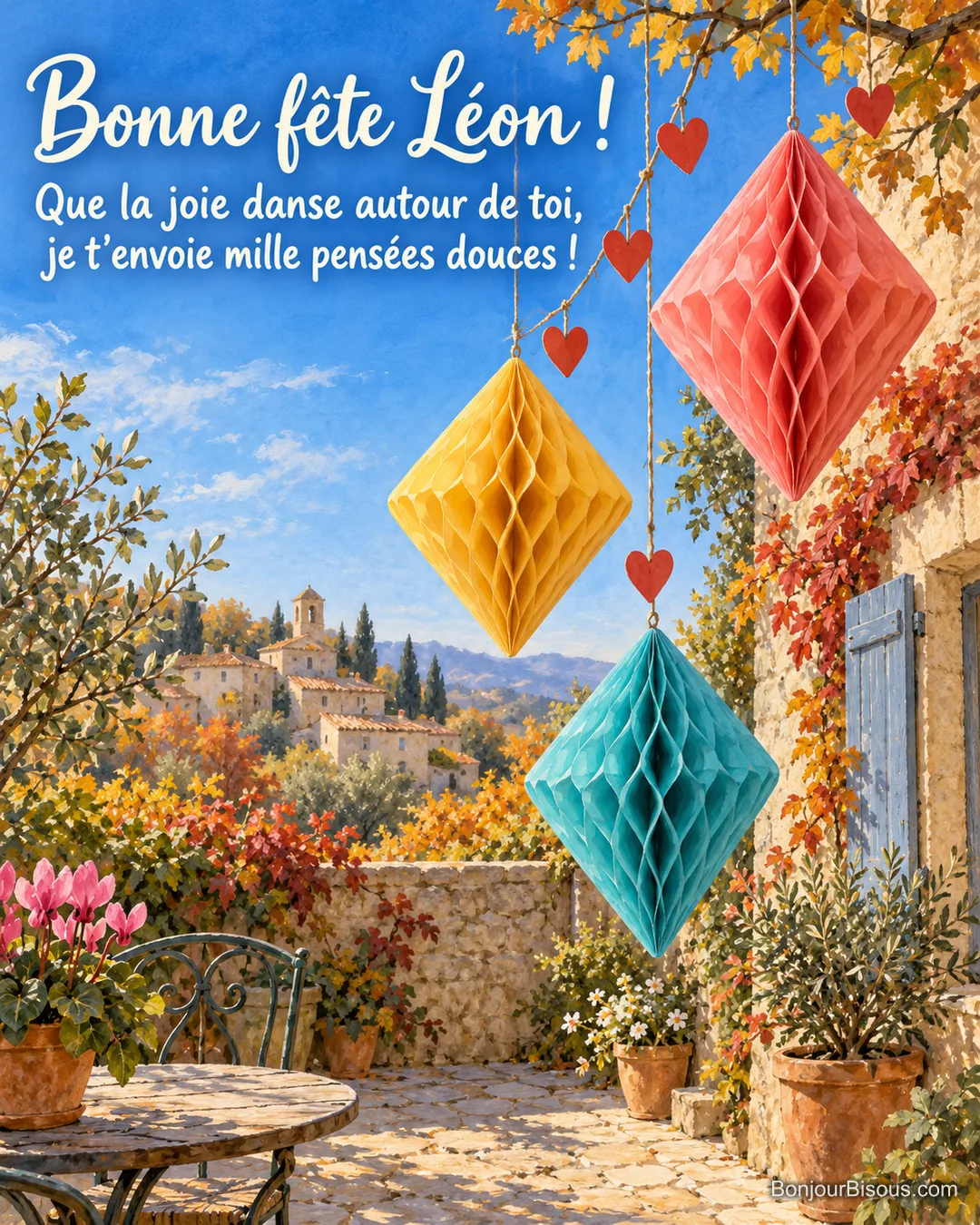 Trois losanges corail, jaune et turquoise en papier alvéolé se balancent avec une guirlande de cœurs dans une cour, avec le message « Bonne fête Léon ! Que la joie danse autour de toi, je t’envoie mille pensées douces ! ». Trois losanges corail, jaune et turquoise en papier alvéolé se balancent avec une guirlande de cœurs dans une cour, avec le message « Bonne fête Léon ! Que la joie danse autour de toi, je t’envoie mille pensées douces ! ».
