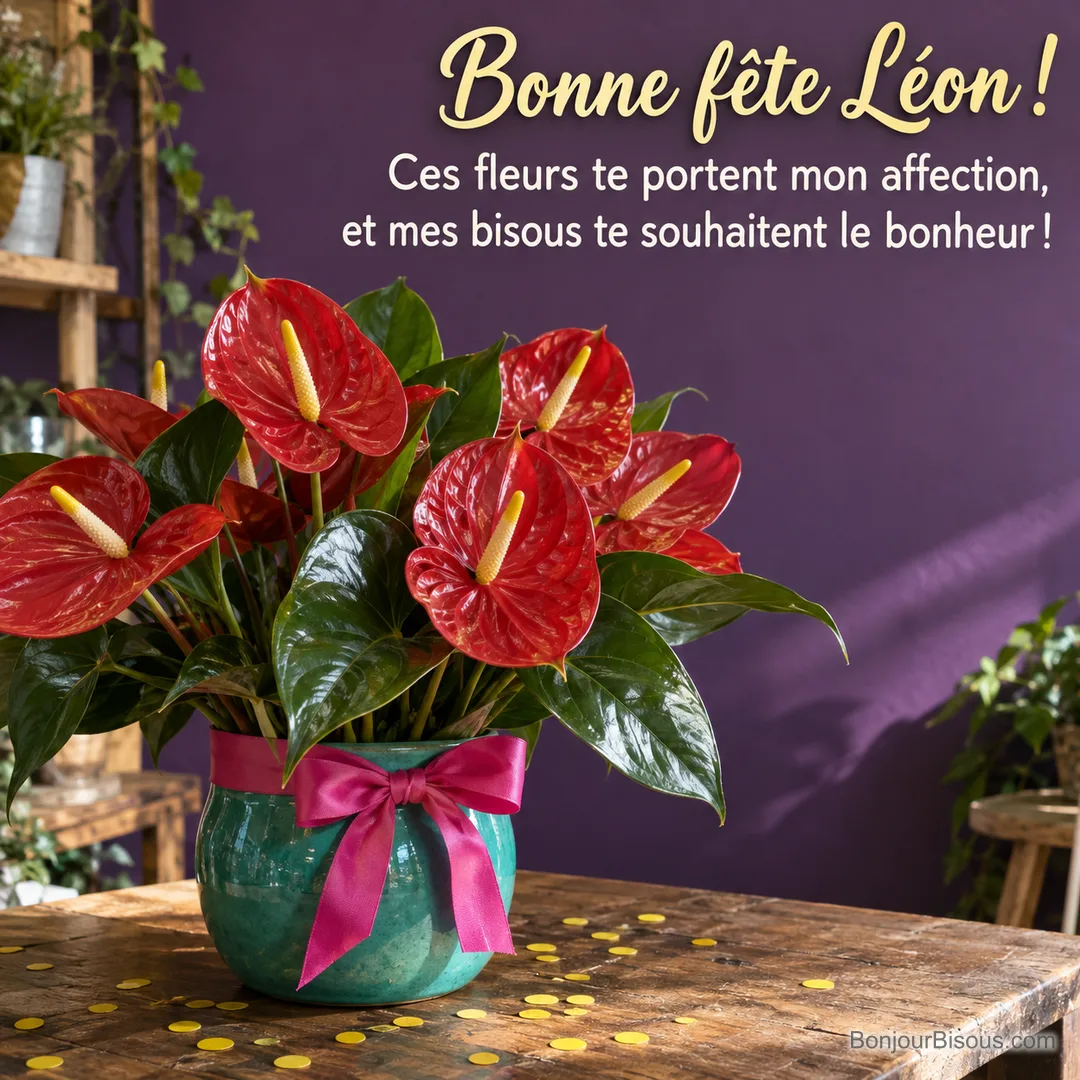 Des anthuriums rouges et leur feuillage brillant composent un cadeau floral dans un vase turquoise à ruban rose, avec le message « Bonne fête Léon ! Ces fleurs te portent mon affection, et mes bisous te souhaitent le bonheur ! ». Des anthuriums rouges et leur feuillage brillant composent un cadeau floral dans un vase turquoise à ruban rose, avec le message « Bonne fête Léon ! Ces fleurs te portent mon affection, et mes bisous te souhaitent le bonheur ! ».