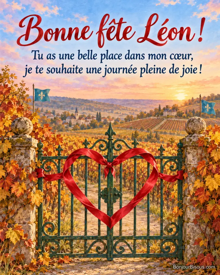 Un grand cœur de ruban rouge décore un portillon de vigne entouré de feuilles d’automne dorées, avec le message « Bonne fête Léon ! Tu as une belle place dans mon cœur, je te souhaite une journée pleine de joie ! ».