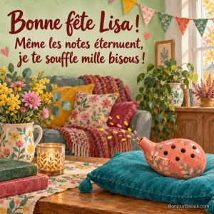 Un ocarina corail semble éternuer une petite envolée de confettis, comme une note pleine de malice. Le message est : « Bonne fête Lisa ! Même les notes éternuent, je te souffle mille bisous ! ».