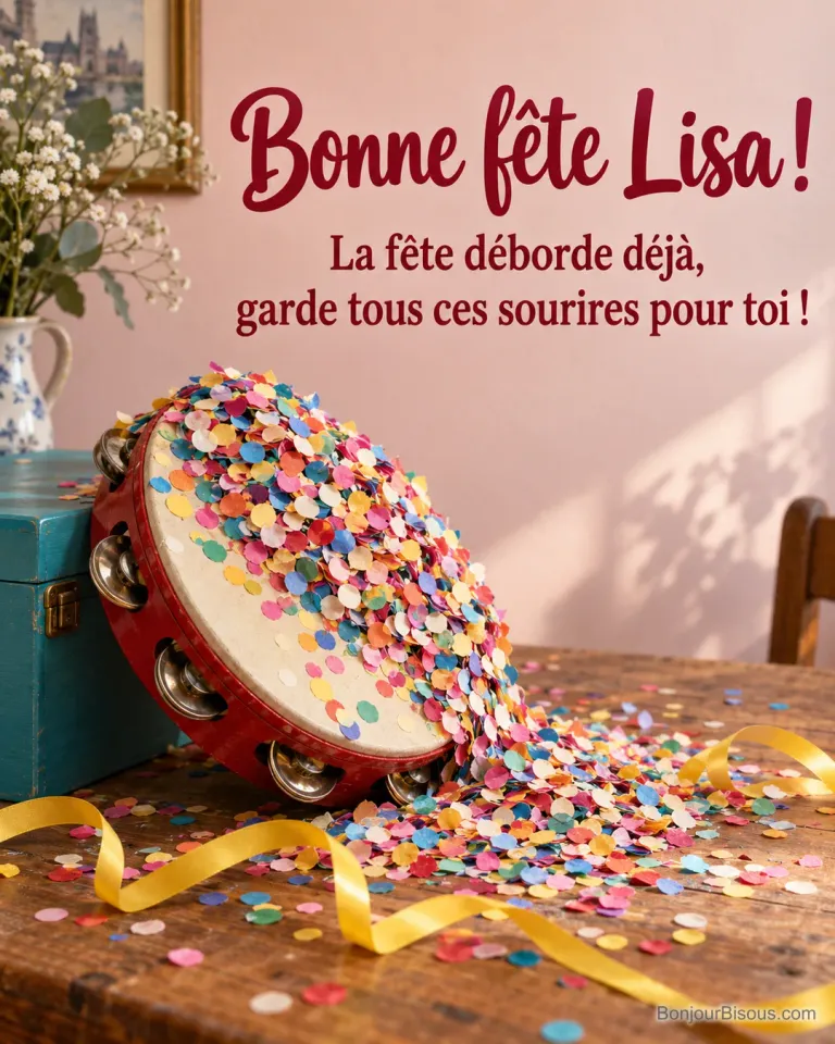 Un tambourin incliné laisse déborder une montagne de confettis sur la table, comme une fête trop enthousiaste. Le message est : « Bonne fête Lisa ! La fête déborde déjà, garde tous ces sourires pour toi ! ».