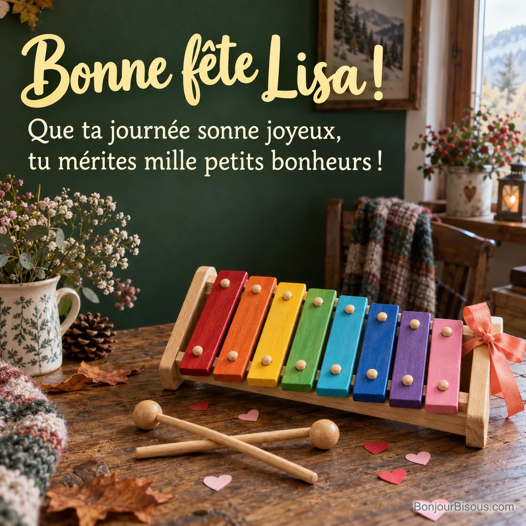 Un xylophone aux huit lames colorées est préparé avec deux mailloches et un ruban de fête. Le message est : « Bonne fête Lisa ! Que ta journée sonne joyeux, tu mérites mille petits bonheurs ! ». Un xylophone aux huit lames colorées est préparé avec deux mailloches et un ruban de fête. Le message est : « Bonne fête Lisa ! Que ta journée sonne joyeux, tu mérites mille petits bonheurs ! ».