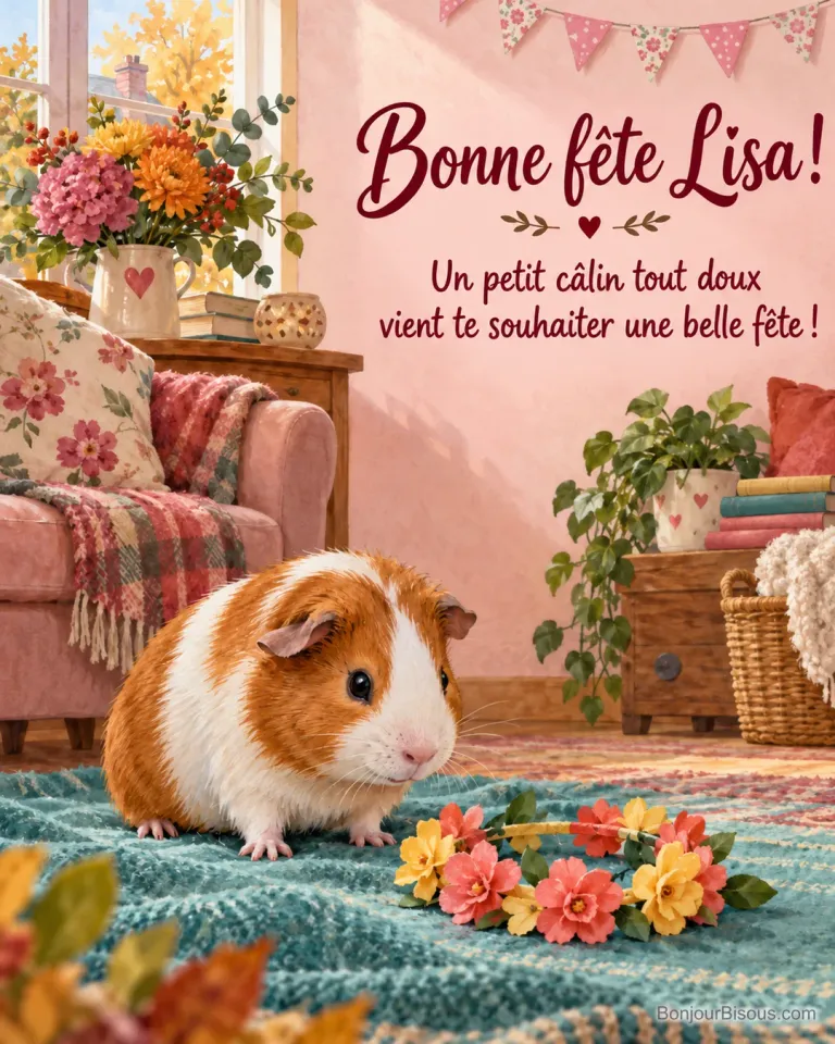Un cochon d’Inde roux et blanc regarde une couronne de fleurs en papier déposée près de lui. Le message est : « Bonne fête Lisa ! Un petit câlin tout doux vient te souhaiter une belle fête ! ».