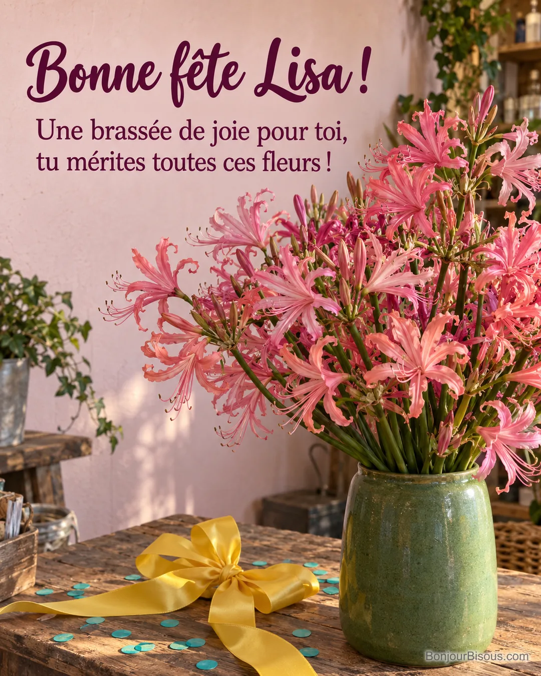 Un bouquet foisonnant de nérines roses et corail est noué comme un cadeau dans un vase de grès vert. Le message est : « Bonne fête Lisa ! Une brassée de joie pour toi, tu mérites toutes ces fleurs ! ». Un bouquet foisonnant de nérines roses et corail est noué comme un cadeau dans un vase de grès vert. Le message est : « Bonne fête Lisa ! Une brassée de joie pour toi, tu mérites toutes ces fleurs ! ».