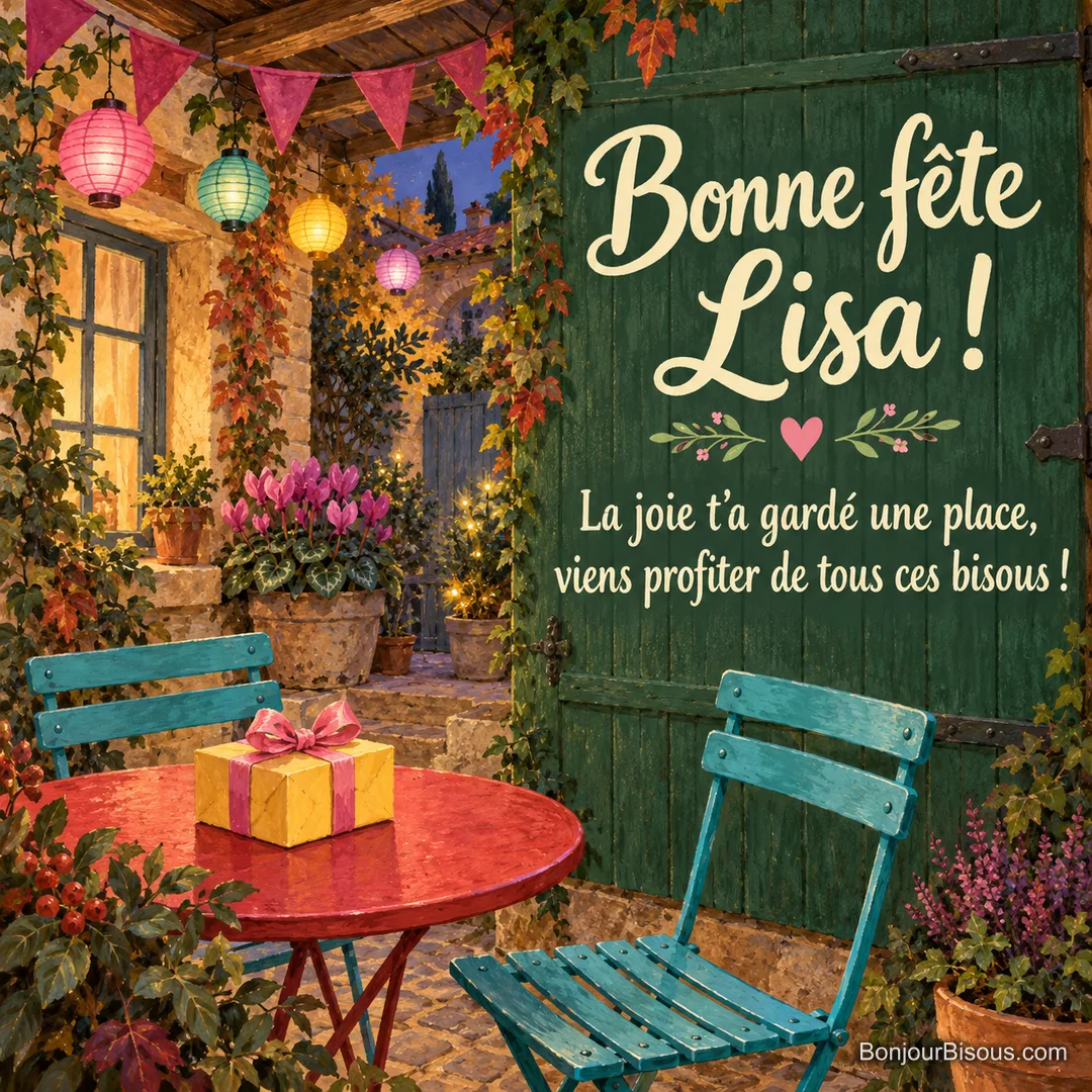 Une petite cour de guinguette française est décorée de fanions et de lanternes colorées pour une fête chaleureuse. Le message est : « Bonne fête Lisa ! La joie t’a gardé une place, viens profiter de tous ces bisous ! ». Une petite cour de guinguette française est décorée de fanions et de lanternes colorées pour une fête chaleureuse. Le message est : « Bonne fête Lisa ! La joie t’a gardé une place, viens profiter de tous ces bisous ! ».