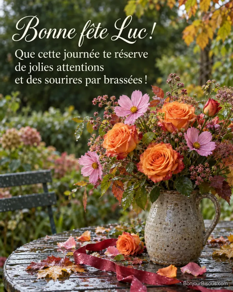 Des roses orangées et des cosmos accompagnent un ruban rouge dans un jardin d’automne. Le message est : « Bonne fête Luc ! Que cette journée te réserve de jolies attentions et des sourires par brassées ! »