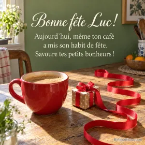 Une tasse rouge et un cadeau au ruban démesuré donnent un air de fête au café du matin. Le message est : « Bonne fête Luc ! Aujourd’hui, même ton café a mis son habit de fête. Savoure tes petits bonheurs ! »