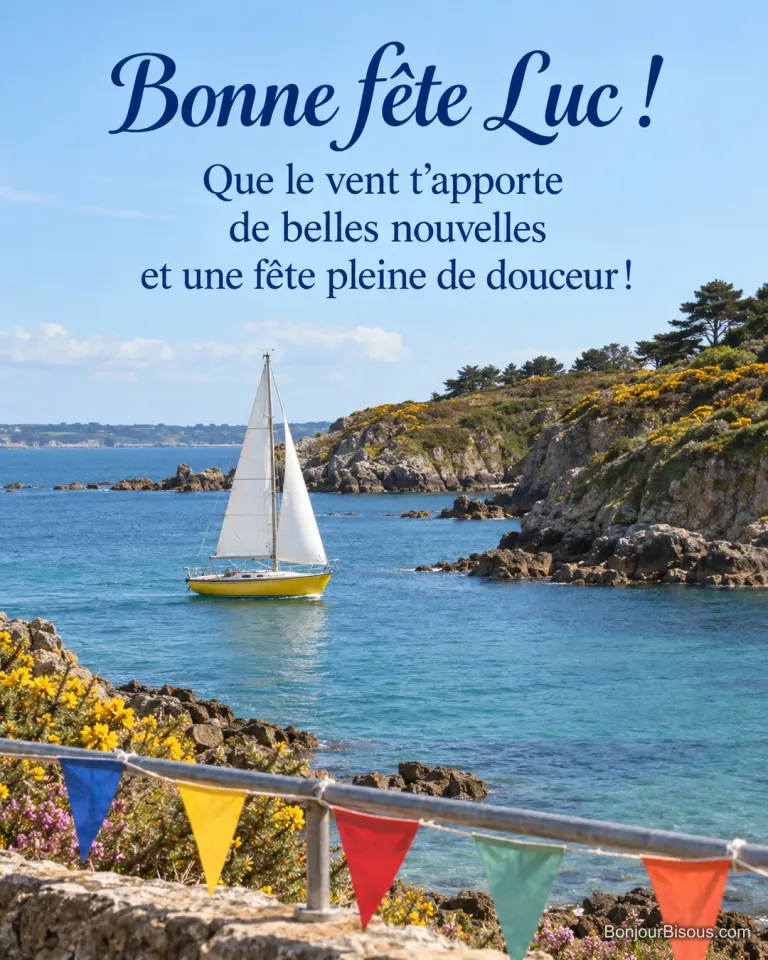 Un voilier jaune glisse dans une anse bretonne sous des fanions colorés. Le message est : « Bonne fête Luc ! Que le vent t’apporte de belles nouvelles et une fête pleine de douceur ! »