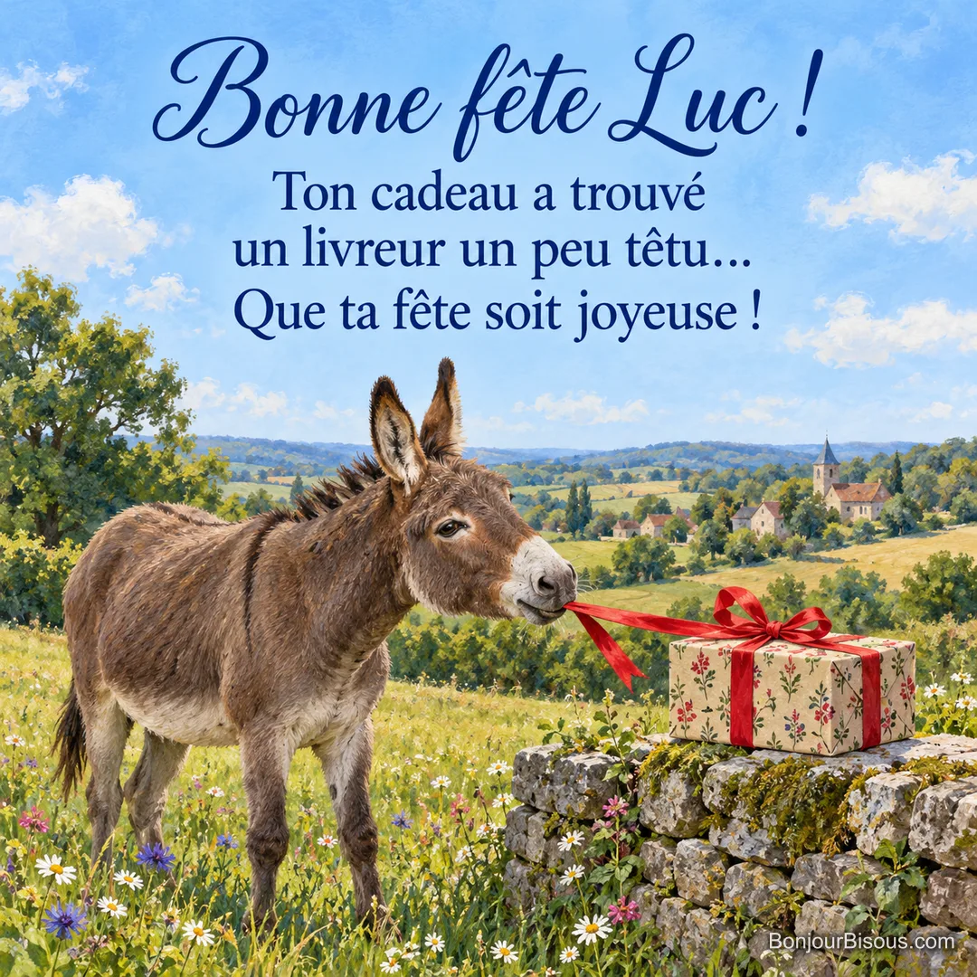 Un âne curieux tire doucement le ruban d’un cadeau dans un pré fleuri. Le message est : « Bonne fête Luc ! Ton cadeau a trouvé un livreur un peu têtu… Que ta fête soit joyeuse ! » Un âne curieux tire doucement le ruban d’un cadeau dans un pré fleuri. Le message est : « Bonne fête Luc ! Ton cadeau a trouvé un livreur un peu têtu… Que ta fête soit joyeuse ! »