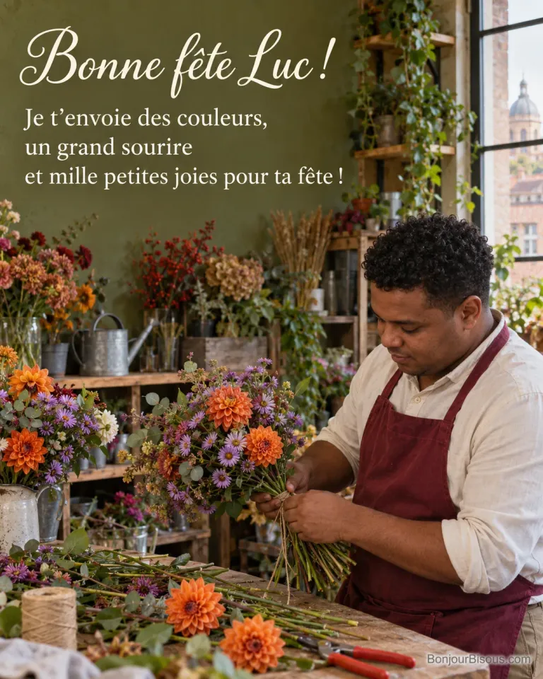 Un fleuriste assemble un bouquet d’asters et de dahlias aux couleurs vives. Le message est : « Bonne fête Luc ! Je t’envoie des couleurs, un grand sourire et mille petites joies pour ta fête ! »