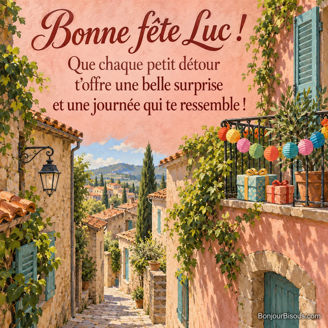 Une ruelle provençale aux volets turquoise se pare de guirlandes colorées. Le message est : « Bonne fête Luc ! Que chaque petit détour t’offre une belle surprise et une journée qui te ressemble ! » Une ruelle provençale aux volets turquoise se pare de guirlandes colorées. Le message est : « Bonne fête Luc ! Que chaque petit détour t’offre une belle surprise et une journée qui te ressemble ! »